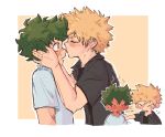  ... 2boys bakugou_katsuki black_jacket black_shirt blonde_hair blue_shirt blush blush_stickers boku_no_hero_academia border chibi closed_eyes collared_jacket commentary cropped_arm cropped_arms cropped_torso cupping embarrassed emoticon english_commentary expression_request face-to-face facing_another flustered freckles from_side full-face_blush green_eyes green_hair hand_up hands_on_another's_face hands_on_another's_head hands_up hatching_(texture) head_steam highres jacket jaw_drop kiss kissing_nose lia_(miauiz) linear_hatching looking_at_another male_focus midoriya_izuku motion_lines multiple_boys no_mouth nose_blush open_clothes open_jacket open_mouth orange_background outline outside_border outstretched_arm profile puff_of_air pushing_away sequential shirt short_hair short_sleeves simple_background speed_lines spiked_hair t-shirt teeth upper_teeth_only white_border white_outline yaoi 