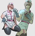  1boy averting_eyes belt black_roots black_thighhighs blood_on_gloves blue_gloves collared_shirt commentary cross crossdressing crossdressing_(mtf) dress english_commentary folder garter_straps gloves hat highres holding holding_folder looking_at_viewer male_focus mole mole_under_each_eye mole_under_eye multicolored_hair multiple_moles multiple_views nurse original pectoral_cleavage pectorals pink_belt pink_garter_straps pink_hair pink_trim roots_(hair) seiza shirt short_sleeves simple_background sitting sketch sky_guy_art smirk teeth thighhighs under-elbow_gloves white_background white_dress white_hat yellow_eyes 