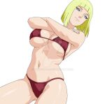  1girl bikini blonde_hair blue_eyes blunt_bangs breasts cleavage closed_mouth commentary cowboy_shot english_commentary highres kiripetals large_breasts looking_at_viewer naruto_(series) naruto_shippuuden navel red_bikini samui_(naruto) short_hair simple_background smile solo swimsuit underboob watermark web_address white_background 