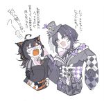  2girls ahoge animal_ear_headphones animal_ears bare_shoulders black_gloves black_hair black_hat black_kimono butterfly_hair_ornament cat_ear_headphones cat_ears commentary_request eyeball_hair_ornament fake_animal_ears flower gloves hair_ornament hat headphones housho_margo japanese_clothes kimono kokubote829 lolita_fashion long_sleeves mahou_shoujo_no_majo_saiban mini_hat mini_top_hat multicolored_hair multiple_girls open_mouth parted_bangs purple_eyes sawatari_coco sharp_teeth short_hair streaked_hair sweatdrop sweater teeth top_hat translation_request wa_lolita 