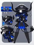  belt black_belt black_hair black_skin blue_eyes colored_skin commentary_request earrings full_body hair_over_one_eye hat highres horns jewelry koh_jin legband looking_at_viewer military_hat military_uniform monster_girl open_mouth original pointy_ears simple_background speech_bubble tail 