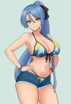  1girl absurdres bare_arms bare_shoulders bikini bikini_bottom_under_shorts bikini_under_clothes bojack198 bracelet breasts cleavage closed_mouth collarbone curtained_hair denim denim_shorts double-parted_bangs eiyuu_densetsu english_commentary front-tie_bikini_top front-tie_top full_cleavage green_background hair_between_eyes hajimari_no_kiseki hands_on_own_hips high_ponytail highres jewelry laura_s._arseid long_hair looking_at_viewer medium_breasts multiple_bracelets navel open_fly ponytail sen_no_kiseki_(series) sen_no_kiseki_iv short_shorts shorts simple_background single_sidelock smile solo stomach swimsuit upper_body very_long_hair very_long_single_sidelock yellow_eyes 