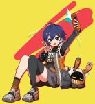  1girl absurdres ahoge bangboo_(zenless_zone_zero) belle_(zenless_zone_zero) bike_shorts bike_shorts_under_skirt black_shirt black_shorts black_thighhighs blue_hair breasts cellphone commentary_request eous_(zenless_zone_zero) fingerless_gloves gloves green_eyes grey_skirt hair_ornament highres holding holding_phone jacket kirishima_naruse letter_hair_ornament looking_at_viewer open_mouth phone selfie shirt short_hair shorts skirt smartphone smile solo thighhighs yellow_gloves yellow_jacket zenless_zone_zero 