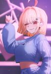  1girl ;) absurdres ahoge blonde_hair blue_sweater blunt_bangs blurry blurry_background blush breasts closed_mouth commentary crop_top crop_top_overhang hair_intakes hair_ornament hairclip hand_up highres index_finger_raised isegye_idol jewelry jingburger jingburger_(elevate) jpbgman korean_commentary lips long_sleeves looking_at_viewer midriff necklace one_eye_closed pants pink_lips pointing pointing_up red_eyes shirt short_hair smile solo star_(symbol) sweater upper_body virtual_youtuber waktaverse 