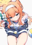  1girl absurdres animal_ear_fluff ball blue_archive blue_eyes blush breasts commentary_request flower from_above gym_shirt gym_shorts gym_uniform hair_flower hair_ornament hairband halo highres id_card jacket lanyard long_hair mari_(blue_archive) mari_(track)_(blue_archive) multicolored_jacket official_alternate_costume orange_hair partially_unzipped shinshin_(ssnsn_oekaki) shirt shorts simple_background sitting small_breasts solo track_jacket two-tone_jacket volleyball_(object) white_background white_flower white_hairband yellow_halo 