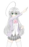  1girl absurdres ahoge blush bow bowtie clenched_hand closed_mouth collared_shirt commentary cowboy_shot dress_shirt eyes_visible_through_hair green_eyes grey_hair grey_jacket grey_skirt hair_between_eyes haiyore!_nyaruko-san henshin_pose highres huge_ahoge incomhukino jacket long_hair long_sleeves looking_at_viewer miniskirt nyarlathotep_(nyaruko-san) open_clothes open_jacket outstretched_arm pink_bow pink_bowtie plaid_clothes plaid_skirt pleated_skirt school_uniform shirt simple_background skirt smile solo thighhighs v-shaped_eyebrows very_long_hair white_background white_shirt white_thighhighs zettai_ryouiki 