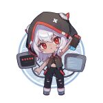 1girl black_pants black_shirt black_vest cassia_(artist) chibi chibi_only cropped_shirt cytus cytus_ii dark_skin highres holding hood hood_up horned_hood horns ivy_(cytus) monitor navel nintendo_switch pants red_eyes shirt sleeveless solo torn_clothes torn_pants vest white_hair 