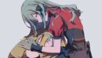  2girls bang_dream! bang_dream!_it's_mygo!!!!! blonde_hair blue_hair clothing_cutout commentary doloris_(bang_dream!) geosmichi77 grey_background grey_hair highres hug long_hair medium_hair misumi_uika multiple_girls oblivionis_(bang_dream!) red_shirt shirt shoulder_cutout sidelocks simple_background togawa_sakiko untranslatable_commentary yellow_eyes yuri 