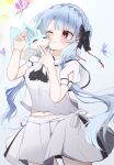  1girl :t ;) ;t ^_^ animal_on_shoulder ascot black_ascot black_bow blue_background blue_butterfly blue_hair blush bow braid bug butterfly closed_eyes closed_mouth commentary cowboy_shot crown_braid floating_hair fox hair_bow hair_ribbon hands_up happy highres inari_(summer_pockets) long_hair looking_at_animal midriff_peek miniskirt mochikumo navel one_eye_closed open_mouth petting red_eyes red_ribbon ribbon sailor_collar school_uniform serafuku shirt sidelocks simple_background skirt smile solo sorakado_ao summer_pockets very_long_hair white_sailor_collar white_serafuku white_shirt white_skirt 