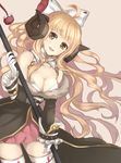  ahoge anila_(granblue_fantasy) bad_id bad_twitter_id bare_shoulders blonde_hair breasts cleavage detached_collar draph eyebrows fur_trim gloves granblue_fantasy holding horns large_breasts long_hair looking_at_viewer open_mouth riffey sheep_horns simple_background skirt solo thighhighs white_gloves white_legwear yellow_eyes zettai_ryouiki 