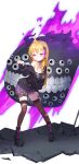  1girl 4649_(jigurobo) absurdres ahoge alternate_costume alternate_hairstyle belt black_belt black_boots black_collar black_sweater blonde_hair blush boots breasts brown_thighhighs chain cleavage collar commentary_request demon ear_piercing earrings extra_eyes full_body gabriel_(yomi_no_tsugai) gabu_(yomi_no_tsugai) goth_fashion gradient_hair grin hair_ornament hairclip hand_on_own_thigh highres jewelry leaning_forward long_hair long_sleeves loose_belt medium_breasts miniskirt multicolored_hair no_bra off_shoulder petticoat piercing plaid_clothes plaid_skirt platform_boots pleated_skirt purple_eyes purple_hair purple_nails purple_skirt see-through_clothes see-through_skirt single_bare_shoulder skirt skull_earrings smile spiked_collar spikes standing streaked_hair sweater thighhighs torn_clothes torn_sweater torn_thighhighs x_hair_ornament yomi_no_tsugai 