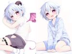 1boy absurdres ahoge blue_hair blue_pajamas blue_shirt blue_shorts blush brown_shorts closed_mouth demon_boy demon_horns demon_tail demon_wings double-parted_bangs fang fang_out hair_between_eyes hair_flaps highres horns long_sleeves looking_at_viewer lying male_focus multiple_views o-ring o-ring_thigh_strap on_side open_mouth original pajamas pink_eyes shirt short_hair short_sleeves shorts sidelocks simple_background sitting skin_fang socks tail teeth thigh_strap trap upper_teeth_only wariza white_background white_shirt white_socks wings wo_xiang_kending_wo_ziji 
