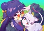  animal_ears bow cat cat_ears cat_tail commentary double_bun dual_persona hair_bow hair_bun highres long_hair looking_at_viewer mannen_(akssus) orange_bow pink_fur purple_hair ranma_1/2 red_eyes shampoo_(cat) shampoo_(ranma_1/2) sidelocks smile tail tongue tongue_out 