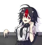  :d ahoge black_hair blush commentary_request contemporary highres horns kijin_seija koissa multicolored_hair necktie open_mouth pants red_eyes red_hair shirt short_hair short_sleeves smile solo streaked_hair suspenders talking_on_phone touhou upper_body white_shirt 