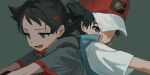  2boys absurdres ash_ketchum black_hair blue_eyes blue_vest brown_eyes commentary_request goh_(pokemon) grey_background grey_shirt hat highres korean_commentary looking_down lower_teeth_only male_focus multiple_boys open_mouth pokemon pokemon_(anime) pokemon_journeys pokesudal red_hat shirt short_hair short_sleeves simple_background teeth upper_body vest 