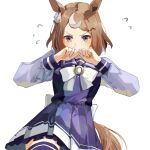  1girl absurdres animal_ears blush bow bowtie brown_hair commentary flying_sweatdrops hair_between_eyes hair_ornament hairclip highres horse_ears horse_girl horse_tail long_sleeves looking_at_viewer multicolored_hair pleated_skirt purple_eyes purple_sailor_collar purple_serafuku purple_shirt purple_skirt purple_thighhighs sailor_collar sailor_shirt school_uniform serafuku shirt short_hair simple_background skirt solo streaked_hair tail thighhighs tracen_school_uniform tsurumaru_tsuyoshi_(umamusume) two-tone_hair umamusume white_bow white_bowtie white_hair winter_uniform yoojp 