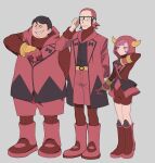  1girl 2boys arm_behind_back black_eyes bodysuit brown_hair closed_eyes closed_mouth commentary_request courtney_(pokemon) fake_horns full_body glasses gloves highres hood hood_up horned_hood horns maxie_(pokemon) mega_stone multiple_boys open_mouth pokemon pokemon_omega_ruby_and_alpha_sapphire purple_eyes purple_hair red_bodysuit red_gloves red_hair red_hood ribbed_bodysuit sakai_so2 short_hair standing tabitha_(pokemon) team_magma team_magma_uniform teeth turtleneck turtleneck_bodysuit 