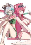  2girls animal_ears bare_shoulders barefoot bikini braid breasts carternanmen cecilia_immergreen closed_mouth commentary doll_joints eating english_commentary food food_print fruit_print goggles goggles_on_head green_bikini green_eyes green_hair grey_hair highres holding holding_food holding_popsicle hololive hololive_english joints large_breasts long_hair medium_hair multicolored_hair multiple_girls navel panther_ears panther_girl pink_bikini pink_hair popsicle raora_panthera simple_background stomach strawberry_print streaked_hair swimsuit thighs two-tone_hair virtual_youtuber white_background white_hair winding_key yellow_eyes 