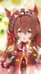  1girl :d absurdres ahoge animal_ears blurry blurry_background bow brown_eyes brown_hair chinese_commentary commentary dress hair_between_eyes hair_bow hako_(misheyes) highres horse_ears horse_girl huge_ahoge long_hair mejiro_bright_(starry_snow_lolita)_(umamusume) mejiro_bright_(umamusume) neck_ribbon official_alternate_costume open_mouth red_bow red_dress red_ribbon ribbon smile solo umamusume upper_body yellow_bow 