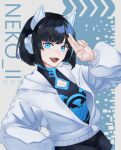  1girl absurdres animal_ear_headphones animal_ears asakura_neko black_hair black_shirt black_shorts blue_eyes blue_hair blue_trim cat_ear_headphones cat_ears character_name chinese_clothes cleavage_cutout clothing_cutout commentary cytus cytus_ii fake_animal_ears fang h_hiems headphones highres jacket multicolored_hair print_shirt shirt shorts solo streaked_hair white_jacket 
