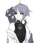  1boy absurdres ahoge animal_on_shoulder animalization bare_shoulders black_bodysuit black_cat black_eyes blue_cape blunt_ends bodysuit cape cat cat_on_shoulder closed_mouth commentary english_commentary eyelashes feathers genshin_impact grey_hair highres japanese_clothes kimono looking_at_animal male_focus mandarin_collar off_shoulder open_clothes open_kimono person_and_animalization pom_pom_(clothes) portrait red_pupils scaramouche_(cat)_(genshin_impact) scaramouche_(genshin_impact) side_cape tail tail_wagging tsurime wanderer_(genshin_impact) white_kimono white_sleeves yellow_feathers zushi_nn 