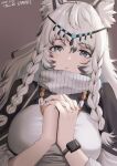  1girl animal_ear_fluff animal_ears arknights black_shirt blue_eyes braid breasts commentary dated grey_background hair_between_eyes hair_tie highres interlocked_fingers jewelry long_hair looking_at_viewer medium_breasts necklace own_hands_together parted_lips pramanix_(arknights) shirt side_braids solo twin_braids upper_body watch white_hair white_shirt wristwatch yamamori_kinako 