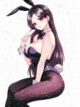  1girl ace_(playing_card) animal_ear_hairband animal_ears between_legs black_bow black_bowtie black_eyes black_hair black_leotard black_pantyhose bow bowtie breasts card cleavage collar commission ear_piercing earrings fake_animal_ears fake_tail feet_out_of_frame from_side hairband hand_between_own_legs highleg highres holding holding_card invisible_chair jewelry large_breasts leotard long_hair looking_at_viewer mihuashi_commission mole mole_under_mouth multiple_moles original pantyhose parted_bangs parted_lips piercing playboy_bunny playing_card rabbit_ears rabbit_tail simple_background sitting skindentation solo sucui_jiangxiang_bing tail too_many_watermarks very_long_hair watermark white_background white_collar white_wrist_cuffs wrist_cuffs 