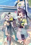  2girls air_bubble aiwo_o_lite aqua_hair arcane_(arknights) arknights arknights:_endfield black_boots black_gloves black_hair blue_gloves blurry blurry_background boots bubble chen_qianyu_(arknights) closed_eyes commentary_request dragon_girl dragon_horns dragon_tail facing_to_the_side gloves grey_hair highres horns long_sleeves multicolored_gloves multicolored_hair multiple_girls musical_note open_mouth outdoors pointing skirt smile squiggle sweat tail teeth two-sided_gloves two-tone_gloves white_skirt 