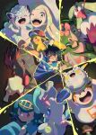  3boys 3girls alolan_vulpix ash_ketchum black_hair blue_eyes blue_hair blue_shirt clothed_pokemon commentary flower green_eyes green_hair grin hair_flower hair_ornament hat highres holding holding_pokemon instagram_username kiawe_(pokemon) lana_(pokemon) lillie_(pokemon) looking_at_viewer mallow_(pokemon) multicolored_hair multiple_boys multiple_girls one_eye_closed open_mouth pikachu pink_flower pokemon pokemon_(anime) pokemon_(creature) pokemon_the_series:_sun_&amp;_moon primarina red_hair red_hat sergiromero shirt short_hair smile sophocles_(pokemon) streaked_hair striped_clothes striped_shirt sun_hat togedemaru tsareena turtonator twitter_username untranslatable_commentary white_hat white_shirt z-ring 