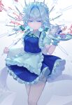  1girl absurdres apron blue_dress blue_eyes bow braid closed_mouth commentary cup dress expressionless frilled_dress frilled_wrist_cuffs frills green_bow green_ribbon grey_hair hair_bow half-closed_eyes highres holding holding_tray izayoi_sakuya knife kuma_xylocopa long_hair looking_at_viewer maid maid_headdress neck_ribbon ribbon signature solo tea teacup teapot touhou tray twin_braids waist_apron wrist_cuffs 