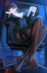  1girl absurdres black_hair black_halo black_jacket black_nails black_pantyhose black_skirt blue_archive blue_background blunt_bangs breasts chair cityscape commentary crossed_legs feet foot_focus hair_ornament halo high_heels highres holding jacket large_breasts legs long_hair looking_at_viewer miniskirt nail_polish night no_shoes on_chair pantyhose parted_lips pouch puppnett red_eyes red_halo rio_(blue_archive) shoes sitting skindentation skirt solo spread_toes thigh_pouch toe_seam toenail_polish toenails toes unworn_shoes very_long_hair 