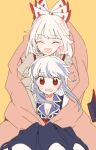  2girls ascot black_hat blue_dress blue_hair blush bow breasts closed_eyes collar collared_dress collared_shirt commentary_request dress fujiwara_no_mokou gem grey_shirt grey_sleeves happy hat hug hug_from_behind itomugi-kun jewelry juliet_sleeves kamishirasawa_keine long_hair long_sleeves looking_down medium_breasts missing_headwear multicolored_bow multicolored_hair multiple_girls open_mouth pants puffy_short_sleeves puffy_sleeves red_ascot red_bow red_eyes red_pants shirt short_sleeves simple_background sitting smile standing surprised touhou white_bow white_hair white_sleeves yellow_background yuri 