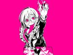  1girl arm_up blood blood_on_weapon blood_splatter braid collared_shirt commentary_request danganronpa:_trigger_happy_havoc danganronpa_(series) ddux2_ba eyelashes fukawa_toko genocider_sho glasses highres long_hair long_sleeves long_tongue mole mole_under_mouth neckerchief open_mouth pink_background round_eyewear sailor_collar shirt simple_background smile solo spot_color teeth tongue tongue_out twin_braids twintails upper_teeth_only weapon 