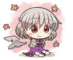  1girl :t blush_stickers chibi chibi_only closed_mouth commentary_request donut dress eating flower_symbol food full_body grey_hair grey_jacket hair_between_eyes holding holding_donut holding_food jacket kishin_sagume long_sleeves no_shoes open_clothes open_jacket pink_background purple_dress red_eyes rokugou_daisuke short_hair single_wing sitting socks solo touhou white_socks wings 