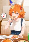  1girl animal_ears blush booth_seating breasts closed_eyes clover commentary_request cup daruma_doll drink drinking_glass ear_covers eating facing_viewer food fork four-leaf_clover full_mouth hair_ornament highres holding holding_food holding_pizza horse_ears horse_girl knife large_breasts matikanefukukitaru_(umamusume) musical_note nerukichikatafukuma orange_hair pasta pizza pizza_slice plate restaurant shirt short_hair sitting skirt soda solo spaghetti speech_bubble spoken_musical_note suspender_skirt suspenders table umamusume upper_body white_shirt wooden_table 