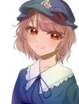  1girl blue_hat blue_kimono blue_ribbon closed_mouth commentary_request hat japanese_clothes kimono looking_at_viewer mob_cap murakumo_piyoyo neck_ribbon pink_eyes pink_hair ribbon saigyouji_yuyuko short_hair simple_background smile solo touhou triangular_headpiece upper_body white_background 