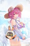  1girl absurdres bag ball bangboo_(zenless_zone_zero) beachball breasts chinese_commentary cleavage commentary_request earrings eous_(zenless_zone_zero) feathered_wings food food_in_mouth hair_ornament hairband hat highres holding holding_ball holding_beachball jewelry large_breasts long_hair looking_at_viewer metal_hairband official_alternate_costume outdoors pink_hair pointy_ears popsicle popsicle_in_mouth purple_eyes remielle_dan remielle_dan_(seashade_pas_seul) solo straw_hat takeawatch white_wings wings zenless_zone_zero 
