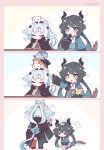  >_< +_+ ... 2girls :o absurdres anger_vein animal animal_hug animal_on_head arcane_(arknights) arknights arknights:_endfield black_boots black_gloves black_hair blue_hair blue_jacket blush boots cat chen_qianyu_(arknights) chibi clenched_hand closed_eyes commentary crossed_bandaids dragon_girl dragon_horns dragon_tail english_commentary facial_mark finger_to_mouth flying_sweatdrops forehead_mark gloves grey_eyes grey_hair highres horns jacket knee_boots kurotofu layered_sleeves ling_(arknights) long_hair long_sleeves multicolored_hair multiple_girls on_head open_clothes open_jacket open_mouth orange_thighhighs parted_bangs pleated_skirt seiza shirt short_over_long_sleeves short_sleeves sitting skirt sleeping sparkle stacking standing tail thighhighs trembling twitter_username two-tone_hair very_long_hair white_cat white_shirt white_skirt zzz 