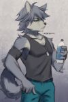  1boy animal_ears armband artist_name black_armband black_shirt black_tank_top bottle commentary dated denim dog_boy dog_ears dog_tags dog_tail drink english_commentary furry furry_male green_eyes highres holding holding_bottle holding_drink jeans jewelry kouya_aotsuki looking_to_the_side male_focus morenatsu necklace pants profile shirt sleeveless sleeveless_shirt tail tank_top vystis wristband 