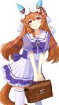  1girl absurdres animal_ears blush bow bowtie breasts briefcase brown_hair closed_mouth collarbone commentary_request ear_covers ear_ribbon hair_between_eyes haruna_chino highres holding horse_ears horse_girl horse_tail long_hair looking_at_viewer multicolored_hair puffy_short_sleeves puffy_sleeves purple_bow purple_bowtie purple_shirt red_eyes red_ribbon ribbon sailor_collar sailor_shirt school_briefcase school_uniform shirt short_sleeves simple_background skirt small_breasts smile solo still_in_love_(umamusume) streaked_hair summer_uniform tail thighhighs tracen_school_uniform umamusume veil white_background white_sailor_collar white_skirt white_streaks white_thighhighs white_veil 