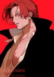  1boy absurdres adam's_apple black_jacket closed_mouth collared_shirt commentary_request facial_hair goatee_stubble highres jacket male_focus momoh_jiyucho one_piece pectoral_cleavage pectorals red_background red_eyes red_hair scar scar_across_eye scar_on_face shanks_(one_piece) shirt short_hair solo sparse_stubble stubble upper_body 