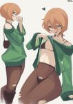  1girl absurdres ass bag black_bra black_panties boots bra breasts brown_eyes brown_hair clio_aite commentary english_commentary eyewear_strap from_side glasses green_sweater hair_between_eyes heart heart-shaped_pupils highleg highleg_panties highres looking_at_viewer multiple_views nadirequinox panties pantyhose phase_connect round_eyewear scar scar_across_eye scar_on_face short_hair shoulder_bag sitting small_breasts sweater symbol-shaped_pupils teasing thick_thighs thighs tongue tongue_out torn_clothes torn_pantyhose underwear virtual_youtuber wide_hips 