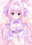  1girl :d absurdres animal_ears apron blush bow bowtie breasts cleavage cleavage_cutout clothing_cutout commentary_request dot_nose dress dress_bow fake_animal_ears frilled_hairband frilled_sleeves frills hair_between_eyes hair_intakes hair_ornament hair_ribbon hairband heart highres long_hair looking_at_viewer maid_headdress medium_breasts nekoboshi_yuki open_mouth original outstretched_arms pink_background pink_hair purple_bow purple_bowtie purple_dress purple_eyes purple_ribbon rabbit_ears rabbit_hair_ornament ribbon short_dress short_sleeves sidelocks sitting smile solo striped_bow thighhighs twintails very_long_hair waist_apron white_apron white_thighhighs x_hair_ornament zettai_ryouiki 