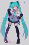  1girl artist_name bare_shoulders black_boots black_skirt black_sleeves blue_eyes blue_hair blue_necktie boots chinese_commentary closed_mouth collared_shirt commentary_request detached_sleeves double-parted_bangs full_body grey_background grey_shirt hair_between_eyes hands_on_own_hips hatsune_miku highres long_hair long_sleeves looking_at_viewer miniskirt necktie pleated_skirt shirt simple_background skirt sleeveless sleeveless_shirt solo standing star_(symbol) thigh_boots tie_clip twintails very_long_hair vocaloid yihi zettai_ryouiki 