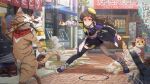  1girl animal asymmetrical_legwear black_jacket black_shorts brown_hair card_commentary cat chopsticks clenched_teeth commentary_request day fish_(food) game_asset hat holding holding_chopsticks idolmaster idolmaster_million_live! idolmaster_million_live!_theater_days jacket kitazawa_shiho long_hair mini_hat mismatched_legwear multicolored_jacket official_alternate_costume official_art outdoors purple_jacket shoes shorts sneakers standing teeth third-party_source town white_jacket yellow_eyes yellow_hat yellow_jacket 