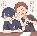  2boys arm_wrap black_shirt blue_eyes blue_hair blue_shirt child clenched_teeth closed_eyes commentary_request facial_mark fang far_tarooo forehead_mark hair_slicked_back highres hiro_(far_tarooo) male_focus multiple_boys open_mouth original own_hands_together palms_together red_hair shirt short_hair t-shirt teeth translation_request 