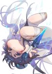  1girl akuma_(st.takuma) bandaged_hand bandaged_leg bandages black_eyes black_hair black_tunic chibi chibi_only closed_mouth commentary_request dragon_girl dragon_horns dragon_tail dragon_wings fewer_digits frown gold_shoes highres horns kidian_(trickcal) low_twintails obsidian_knife shoes solo tail thick_eyebrows trickcal tunic twintails upside-down wings 
