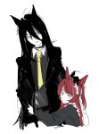  2girls aged_down ahoge belt black_belt black_choker black_coat black_gloves black_hair choker closed_mouth coat coffeeseal collared_shirt contrast_collar crossed_bangs ear_covers ear_ornament ear_ribbon ear_tag earrings gloves grey_shirt hand_on_another's_head headdress highres jewelry long_hair long_sleeves looking_at_viewer manhattan_cafe_(umamusume) mother_and_child mother_and_daughter multicolored_hair multiple_girls necktie open_clothes open_coat parent_and_child parted_lips red_desire_(umamusume) red_hair ribbon shirt simple_background single_ear_cover single_earring smile umamusume umamusume_horse_relations very_long_hair white_background white_hair white_ribbon yellow_eyes yellow_necktie 