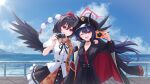  2girls bird_wings black_coat black_hat black_horns black_shirt black_skirt black_wings blue_archive blue_sky breasts camera chiaki_(blue_archive) chinese_commentary chunjiu closed_mouth cloud coat coat_on_shoulders commentary_request commission crossover curved_horns day demon_girl demon_horns digital_camera halo hand_on_another's_shoulder hat highres holding holding_camera horns long_hair long_sleeves looking_at_viewer medium_breasts multiple_girls necktie open_mouth outdoors pink_halo pom_pom_(clothes) puffy_short_sleeves puffy_sleeves red_coat red_eyes red_hat red_necktie shameimaru_aya shirt short_hair short_sleeves skirt sky smile tokin_hat touhou two-sided_coat two-sided_fabric very_long_hair white_shirt wings 