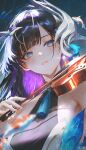  1girl absurdres aqua_eyes bare_arms bare_shoulders black_hair blue_eyes bow_(music) breasts carp commentary crescent crescent_hair_ornament dress fingernails fish flying_fish hair_ornament highres holding holding_instrument holding_violin honkai:_star_rail honkai_(series) hysilens_(honkai:_star_rail) instrument koi lips lipstick long_hair makeup medium_breasts narase_(ffrv5573) neck_tassel parted_lips playing_instrument portrait purple_hair sleeveless sleeveless_dress solo tassel tassel_choker violin x_hair_ornament 